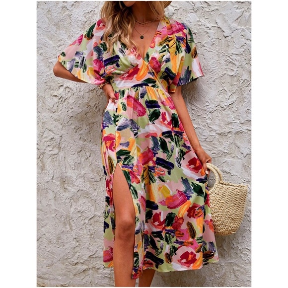 Boho Watercolor Split Thigh Maxi Dress - Picture 4 of 5